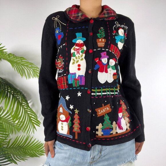 Vintage 90s Black Holiday Grandma Ugly Christmas Sweater Oversized Cardigan / M - Picture 4 of 6